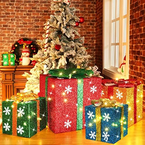 Божиќни осветлени кутии за подароци Божиќно предводено осветлување на кутии Божиќни украси на отворено црвено зелено и жолти кутии