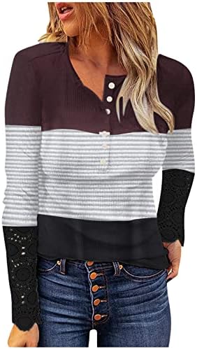 Шарена кошула Хенли жени 1/4 копче нагоре облечена блуза тенок вклопува чипка капчиња со долги ракави кошула во боја блок туничен врвови на