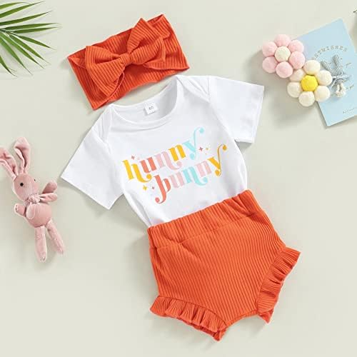 Новородени бебе девојки Велигденски облеки 3 парчиња печати ромпер маици за зајаци, патеки за глава за ракавици за бебиња за зајаци