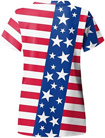 4-ти јули маици за жени во САД знаме летен краток ракав против маица со вратот со 2 џебови блузи одморен случајна работна облека