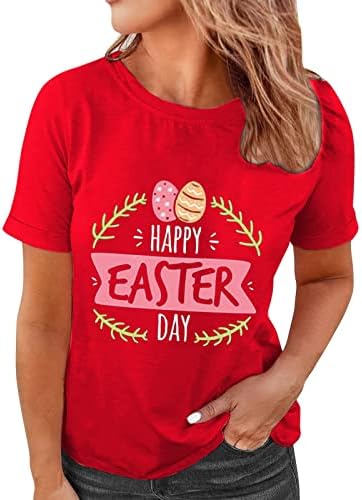 Плус големина среќни велигденски кошули за жени смешни букви печатени јајца графички маички кратки ракави обични врвови маица