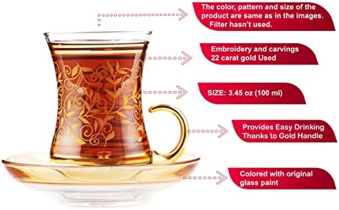 Златен рог Турски чај сет со 22K злато врежан чај чаши и чинии - 6 чај чаша 3,45 floz секоја и 6 стакло обоени чинии - спакувани во