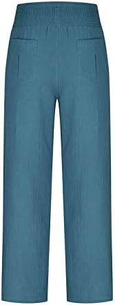 Yuzhihенски памучен постелнина долга дневна панталони со високи половини со високи половини, лабаво вклопени широки палзови од палацо со џебови