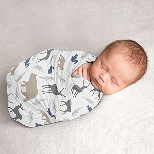 Слатки Jојо Дизајнс Вудленд животни момче Свадл ќебе Jerseyерси се протега за новороденче или новороденче што прима безбедност - сина, сива и тен
