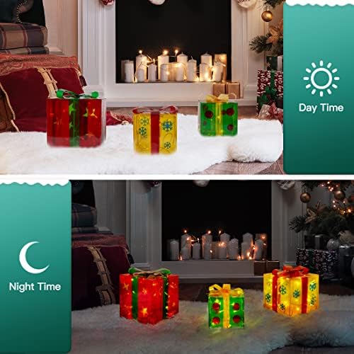 FFG сет од 3 Божиќни украси Осветлени кутии за подароци, 60 LED светлосни кутии за затворен и отворен двор дома, украси за