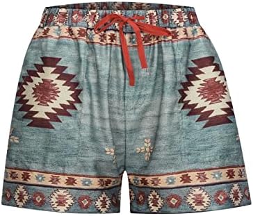 Женски шорцеви етнички џемпери за западни ацтеки печати панталони за плажа, еластично влечење на половината, кратки пантолони, редовно вклопување