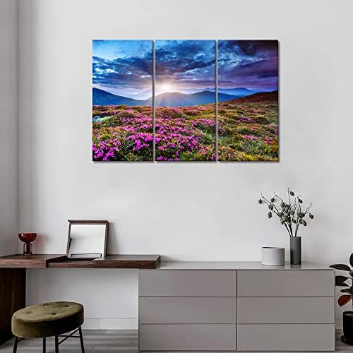 3 панел wallидна уметност сина зајдисонце планини пејзаж облачно небо бура виолетова цвеќиња Карпатска Украина сликајќи ја цветната слика печатење на платно слики з
