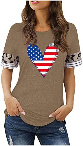 4 -ти јули кошули за жени Денот на независноста маица Лепорд кратки ракави врвови летни графички САД знаме срцеви блузи