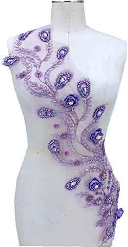 Зизмх Три-димензионална светло пурпурна чипка апликација со монистра со рацете Rhinestones закрпи 72*17cm за додаток за матурска фустан