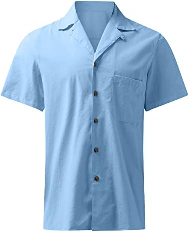 Машки памучни постелнина кошули 2023 лето трендовски цврста боја на обична боја надолу со џебови удобни врвови за кратки ракави