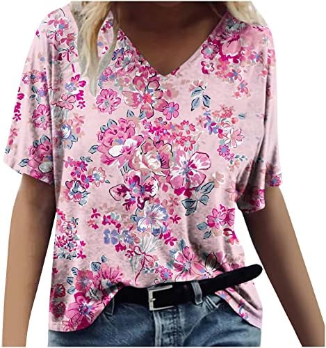 Флорални врвови за жени 2023 Лето против вратот Хавајски кошули Краток ракав 3Д печати пролетна блуза Обична лабава плажа маички