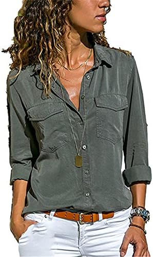 Andongnywell женски долг ракав обичен лапел блуз џеб копче надолу со кошула врвови на џебови блуза за кошула
