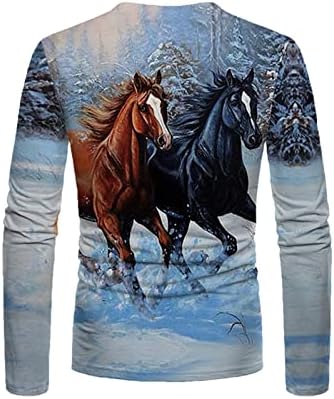 Машки дневни врвови 3Д коњи печатени маички со долг ракав екипаж лесен пуловер, обични животински графички матици