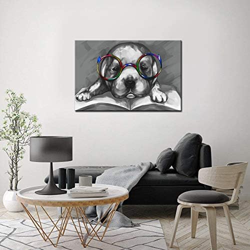 sechars - животинско сликарство wallидна уметност симпатично мрзливо куче во очила читање книга уметност платно отпечатоци смешни постер
