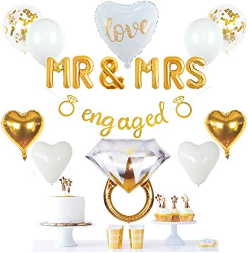 Видални занаети со злато ангажирање на забави украси, злато ангажиран банер, г -дин и г -ѓа Балоунс, гигант прстен, балони со срце, балони