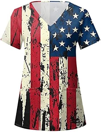 4-ти јули врвови за жени со знаме на САД, летен краток ракав, блуза со врат со 2 џебови, смешна празнична работна облека