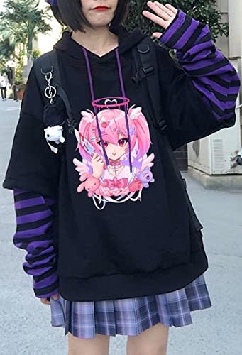 Winkey Women Kawaii Gothic Hoodie Јапонски аниме принт y2k качулка џемпер симпатична шема Харајуку шема со долг ракав пуловер