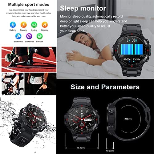Houjin Smart Watch for Men Outdoor Tactical Smartichwatch Bluetooth Dail го повикува звучникот 1.3 инчен HD допир на фитнес -тракер за фитнес гледајте за Android и iOS, црно
