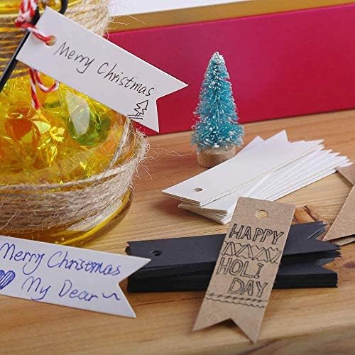 Ознаки за подароци Diyasy Kraft со жица, 150 парчиња кафеави бели и црни хартиени ознаки 7x2cm занаетчиски обеси ознаки за етикети за подароци
