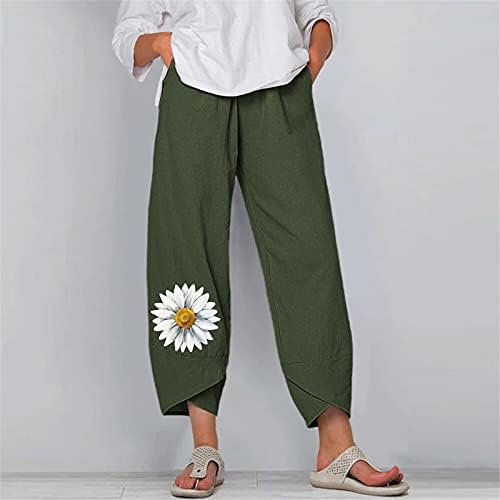 IOPQO женски обични лабава еластична памучна памучна памучна панталона Бохо Печати исечени широки панталони за нозе хареми панталони