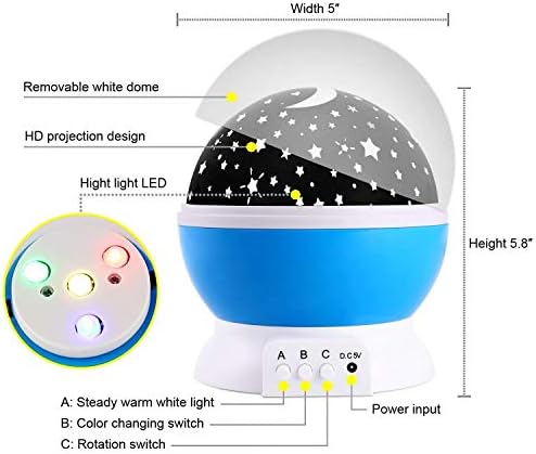 Luckkid Бебе Ноќ Светлина Месечината Ѕвезда Проектор 360 Степен Ротација - 4 LED Светилки 9 Светлината Боја Се Менува СО USB Кабел,