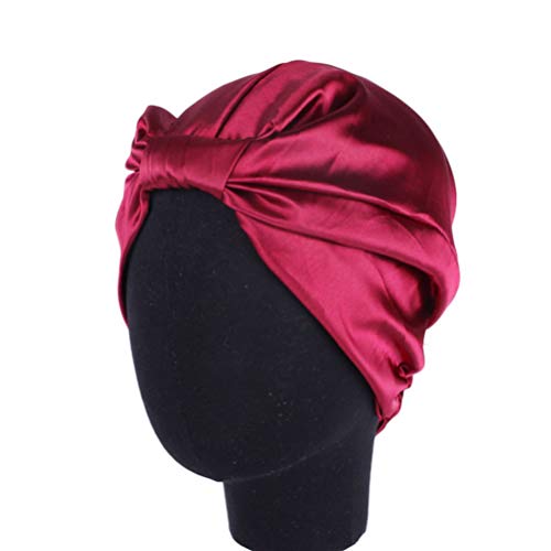 Запостави 3 парчиња сатен свила обложена капа за спиење, грав, еластична ноќна глава, турбан капа за спиење, црно вино црвен каки