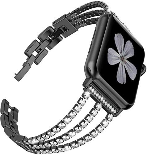 Amhello Women Black Elegant Diamonds Canher со врски нараквици за часовници метални ленти компатибилни со Apple Iwatch Series SE 6 5 4 2