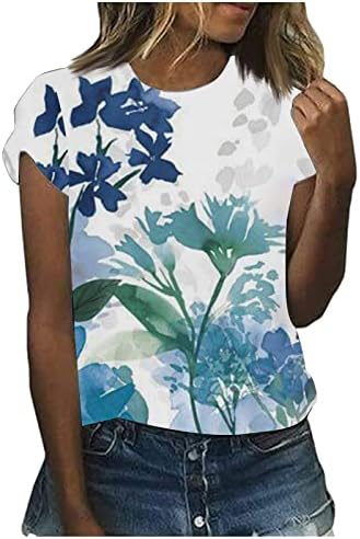 Врвови за жени летен трендовски цветен краток ракав Туника Туника тиника гроздобер графичка вратоврска боја маица лабава бохо блуза