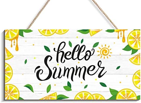Здраво знак на летна врата 6 x 12 инчи летен декор од лимон, висечки знак за украс на wallидот на вратата, за домашна влезна врата внатрешна