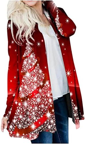 Грди Божиќни џемпери за жени 2022 плус големина обична мода есен зимски кардиган со долг ракав отворен фронт, смешни Божиќни кошули, графички