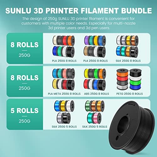 Филамент за печатач на Sunlu 3D, пакет на филаментот PLA Matte и T3 3D печатач, 1,75мм PLA филамент Мутиколор, 250g Spool, 8 ролни, црна+бела+црвена+сина+зелена+розова+сива+глина