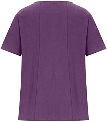 Плус големина памучни постелнини врвови за жени модни цветни печатени летни маички лабави тркалезни кратки ракави со кратки ракави, блуза