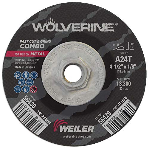 Weiler 56429 Wolverine Type 27 исечено и мелење комбо тркало, A24T, 5/8 11 UNC орев, 4 1/2 x 1/8 , алуминиум оксид, дијаметар од 4,5