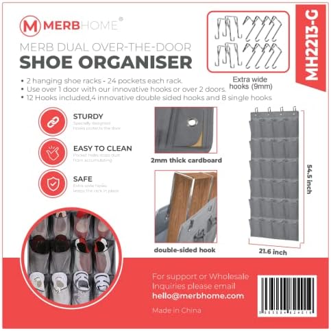 Организатор за складирање на чевли MERB Home 2 со иновативна кука - висат 2 лавици на 1 врата или на различни врати - висина на