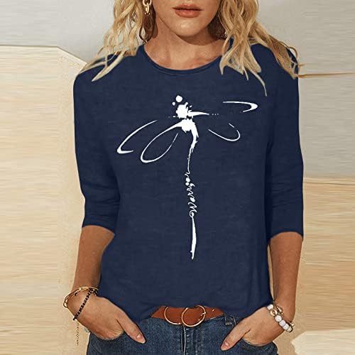 Кошула со блуза за жени 2023 3/4 ракав памук екипаж, графички лабава лабава лабава форма, опуштено вклопување салон 3Т 3Т