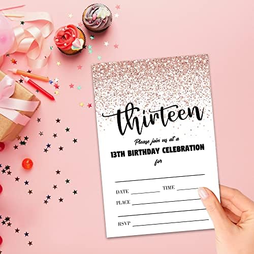 Zodvery 13 -ти картички за покани за роденденска забава - 13 години розово сјајно злато тема за забави за деца, момчиња или девојчиња