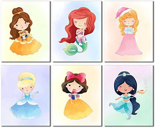 Декор за wallидови од принцезата - Бел Ариел Пепелашка Снежана Јасмин Аурора сет од 6 слатки уметнички отпечатоци