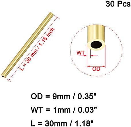 Офуин [30 парчиња] месинг тркалезна цевка 30мм должина 9мм ОД1мм Дебелина на wallидот, метален бакар лесна права цевка цевка за DIY