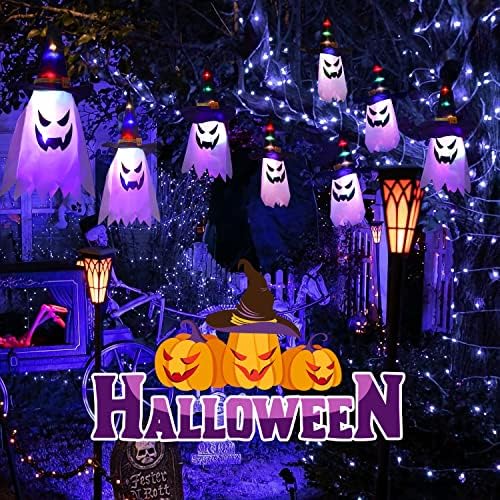 Фусија за Ноќта на вештерките на отворено 9,8 метри, 5 блескави духови капачиња за украси за Ноќта на вештерките, батерии управувани