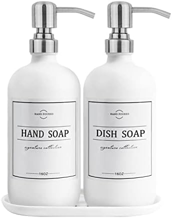 Диспензерот за стаклен сапун со пумпа и послужавник - шишиња за диспензери за сапун за сапун за рачен сапун, сапун за садови, лосион - гроздобер