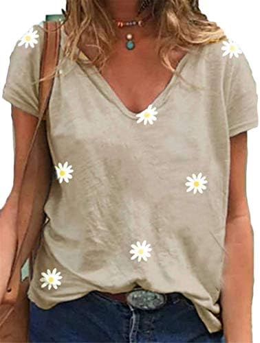 Andongnywell женски печатени обични врвови со кратки ракави со кратки ракави V-вратот на вратот Основни маички за маици со маици
