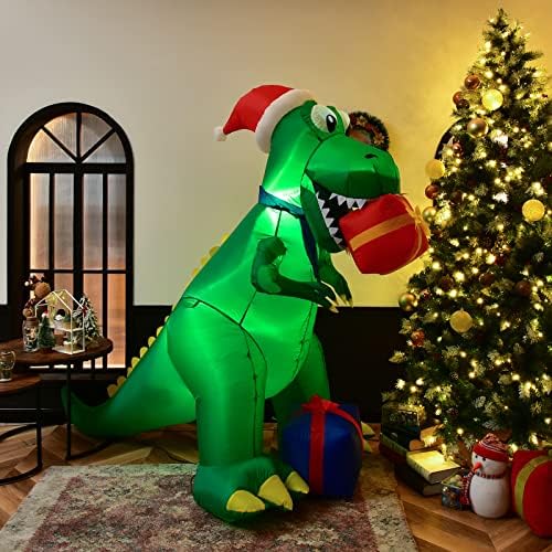 Tangkula 6 ft Божиќна надувување диносаурус, Божиќна и надворешна Божиќна декорација w/кутија за подароци вградени LED светла и моќен вентилатор,