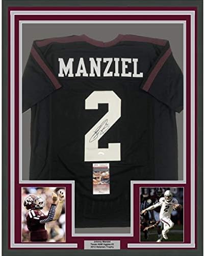 Врамено автограмиран/потпишан Johnони Манзиел 33X42 Тексас А & М црн колеџ Фудбалски дрес JSA COA