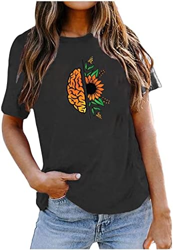 Womenените сончогледи печатена маица тркалезна врата обична маица лето кратки ракави лабави маици пулвер блузи блузи врвови врвови