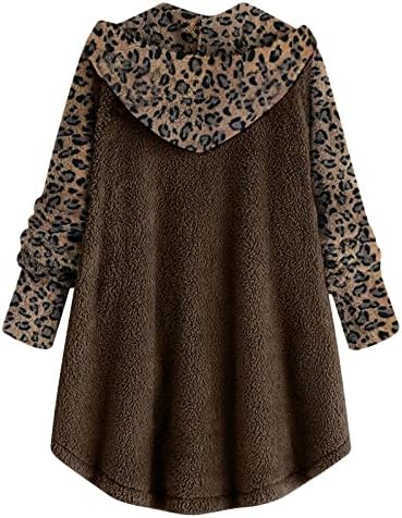 Womenените леопард печатење јакна за крпеница копче надолу со џеб со долги ракави со качулка со ушен палто, нејасно копче за секојдневно