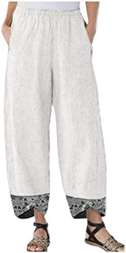 2023 памучни постелнина панталони плус големина, еластична половината широка нога палацо бохо каприс удобни модни панталони со џебови