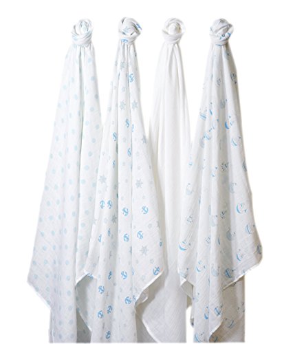 Swaddledesigns Cotton Muslin Swaddle Cable, сет од 4, пастелни сини наутички бродови Ahoy!, 46x46 инчи