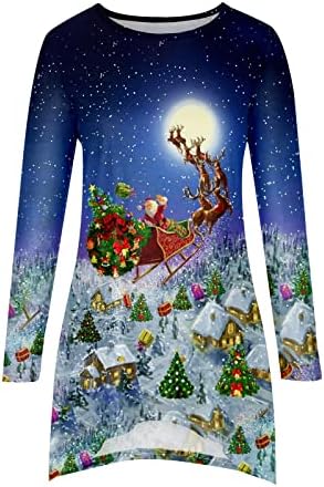 Светло сина женска чамец врат блуза празник Божиќни блузи со долги ракави елени Деда Деен Клаус Графички тенок Туника Каваи блуза yb s