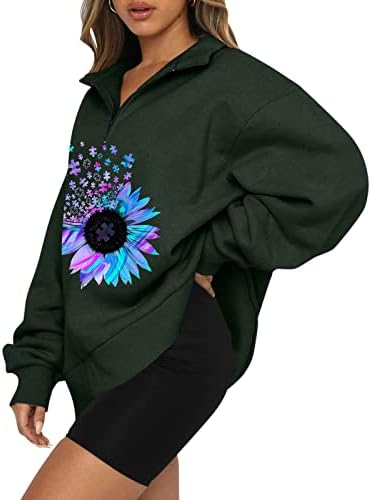 Kuaileya 3/4 zip pullover женски женски женски сончоглед печати преголем половина патент пуловер долг ракав џемпер четвртина