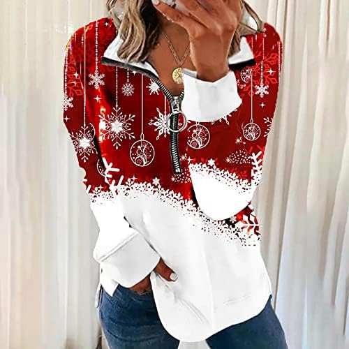 Четвртина патент на пулвер жени смешни божиќни џемпери лабави обични странични парчиња стојат јака долга ракав кошула блуза